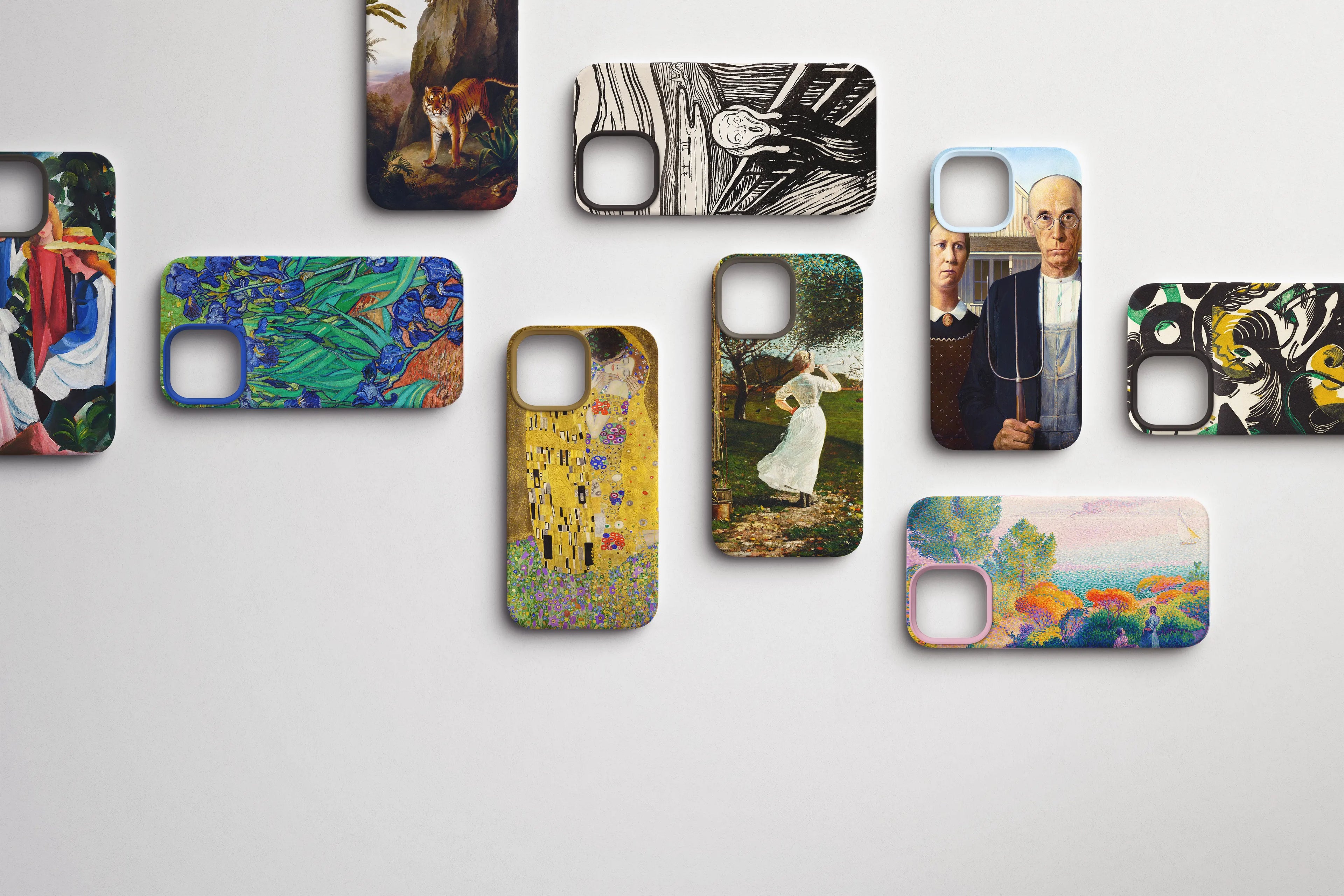 A gallery wall of modern art phone cases, featuring artwork from famous artists, including van Gogh, Gustav Klimt, Grant Wood, Edvard Munch, Henri Rousseau, and others.
